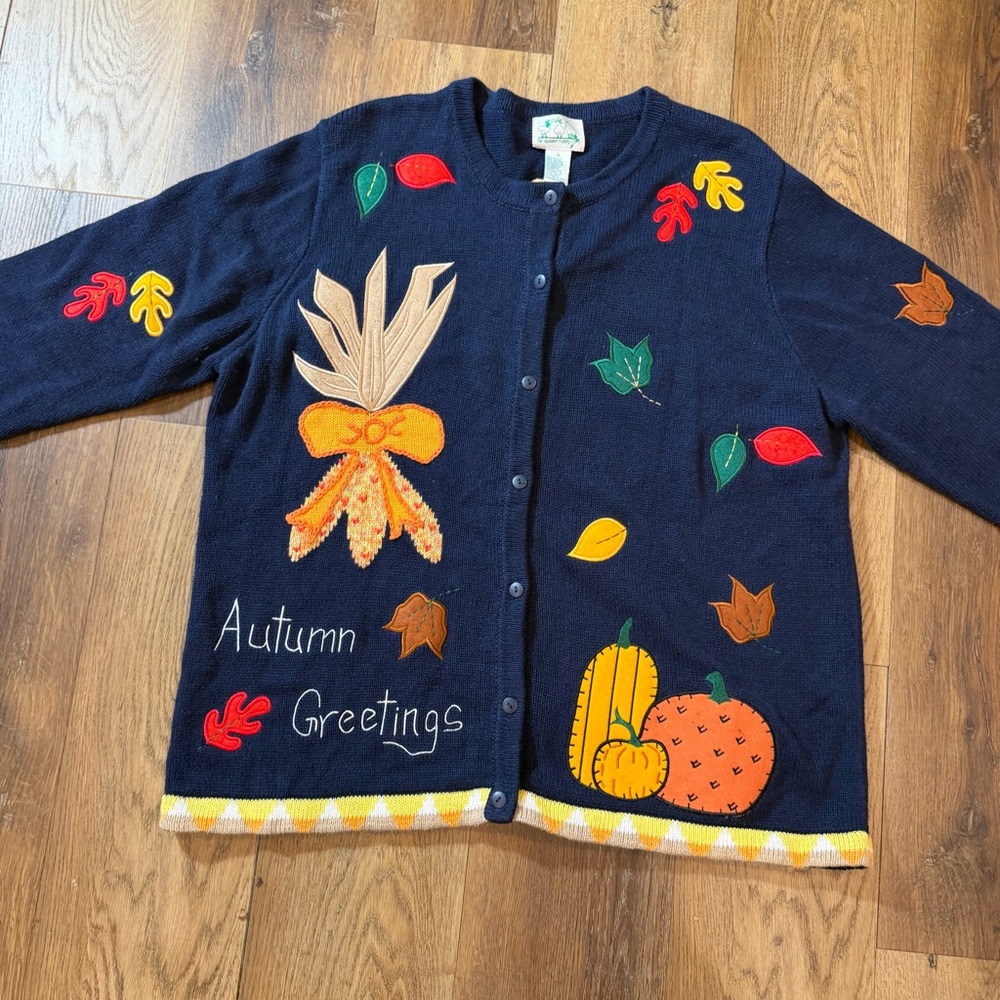 Vintage Y2K Fall Cardigan Fall Leaf Sweater Halloween Sweater Embroidered Leaves - Picture 4 of 17
